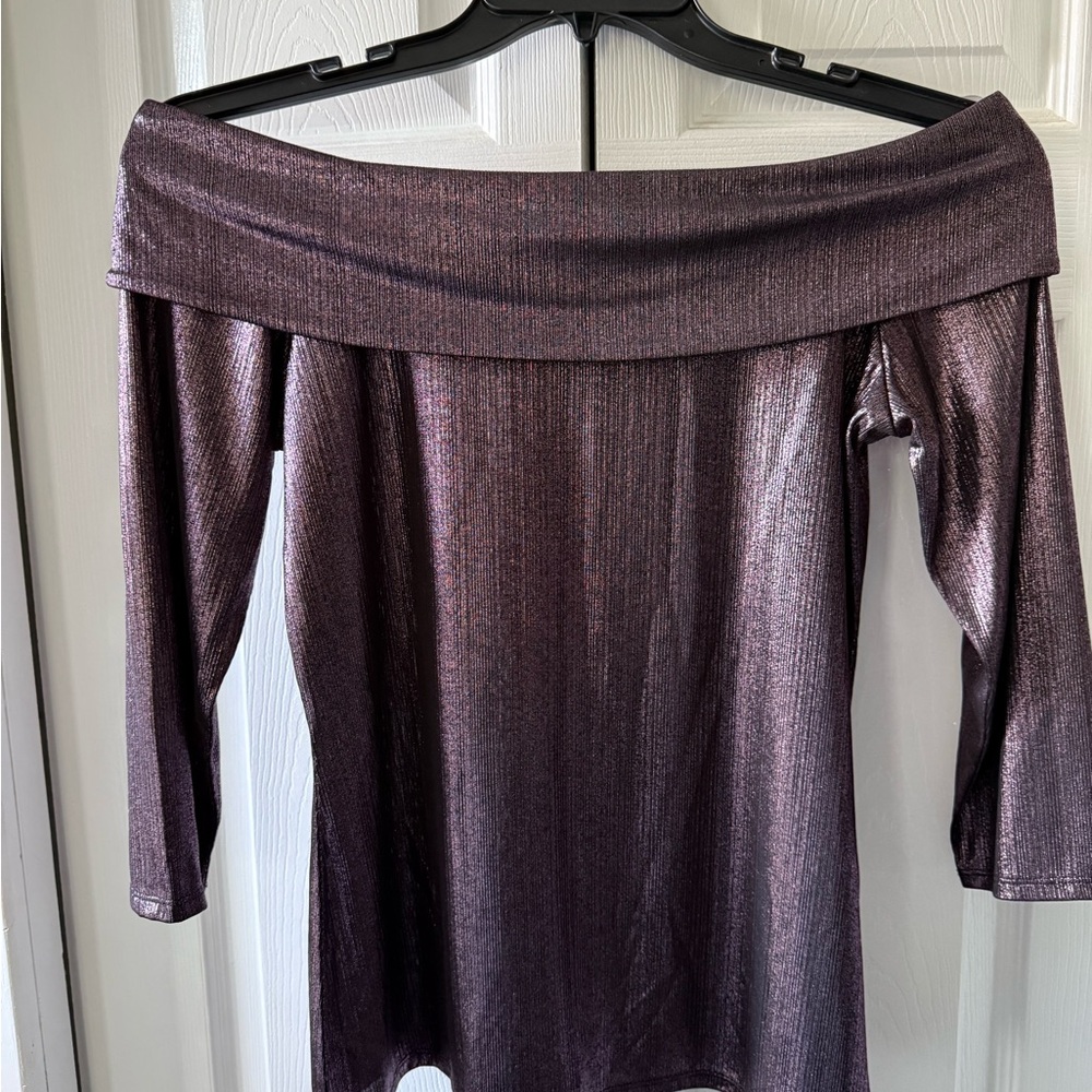City Streets Shimmering Off-Shoulder in Metallic Purple Blouse